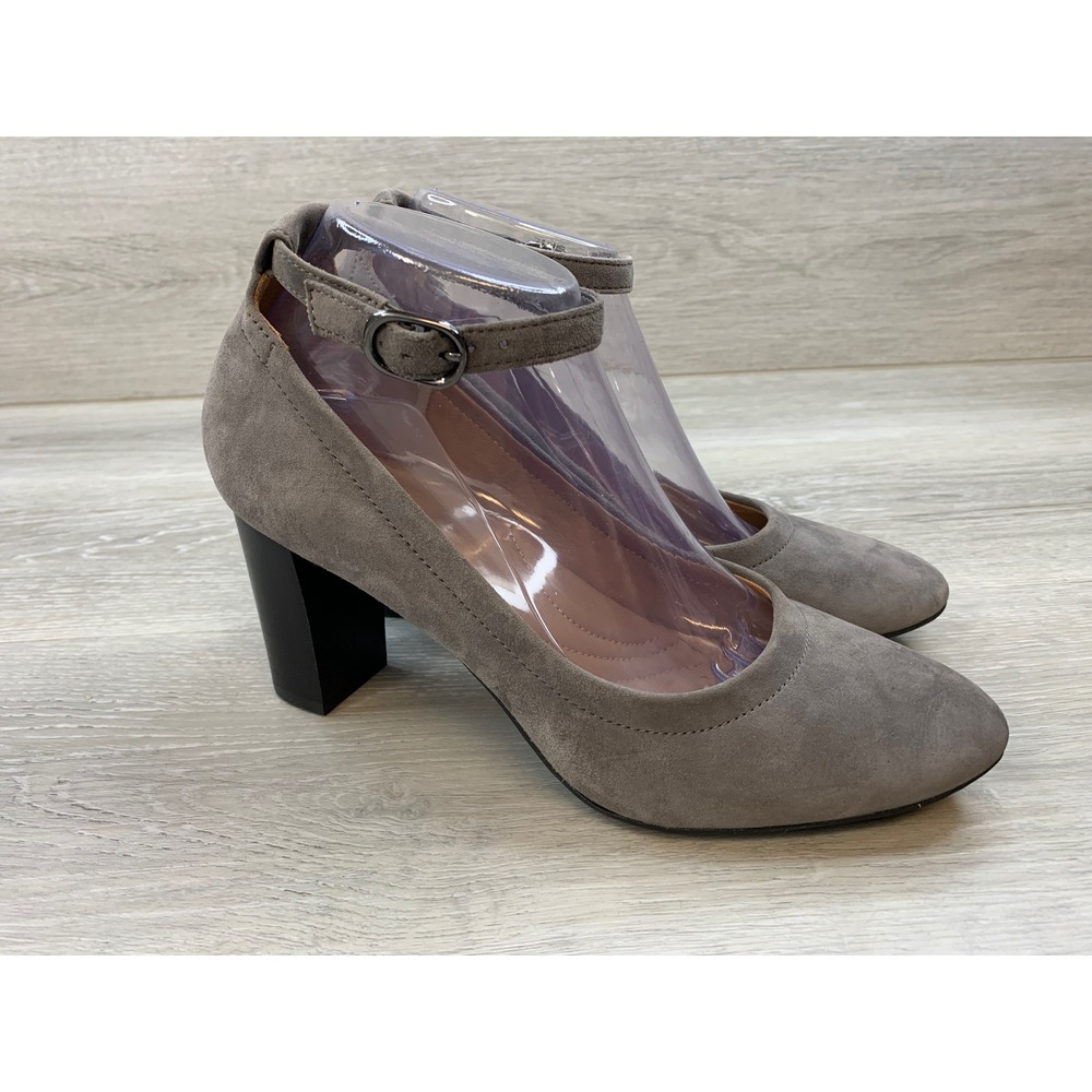 Clarks Artisan Gray Suede Ankle Strap Block Heel Pumps Women's 8.5 Shoes